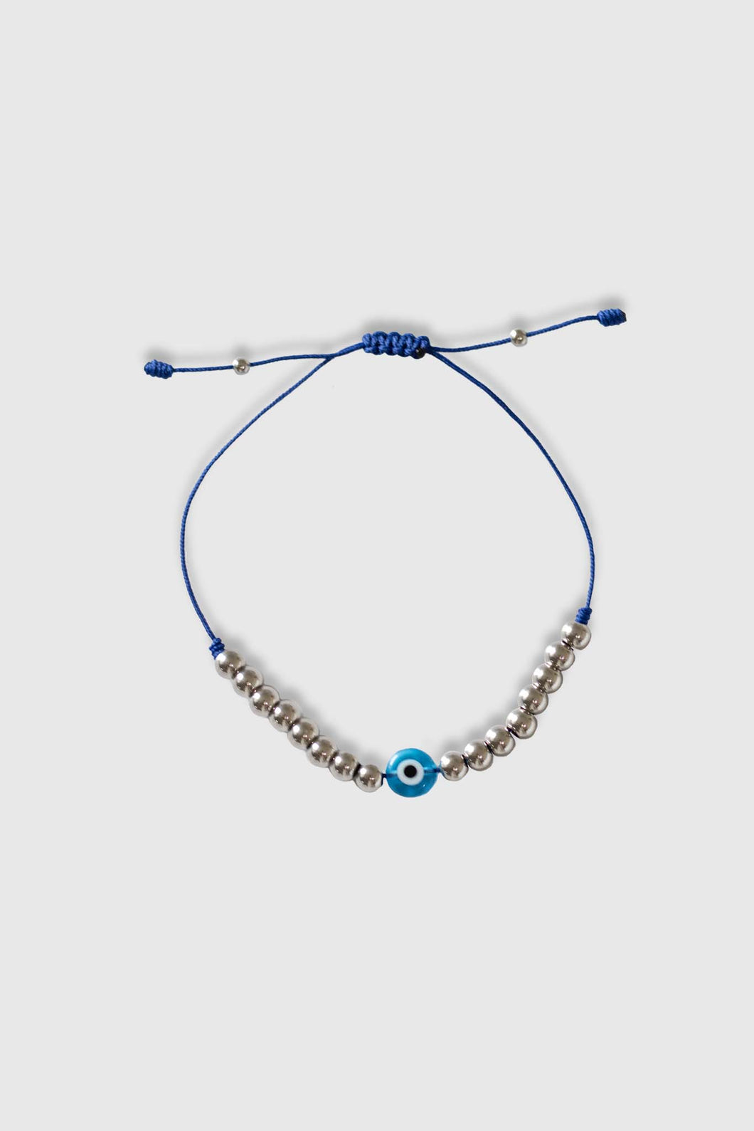 Evil Eye Silver Beaded String Bracelet, Aqua
