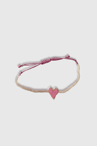 Pink Heart Beaded String Bracelet in Silver
