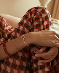 Red Heart Beaded String bracelet in silver
