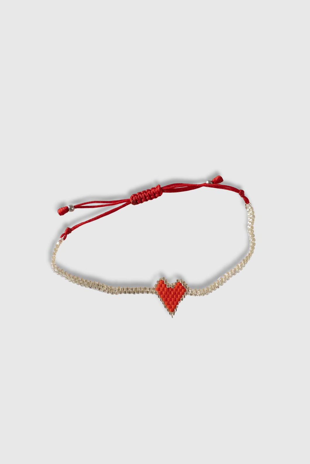Red Heart Beaded String bracelet in silver